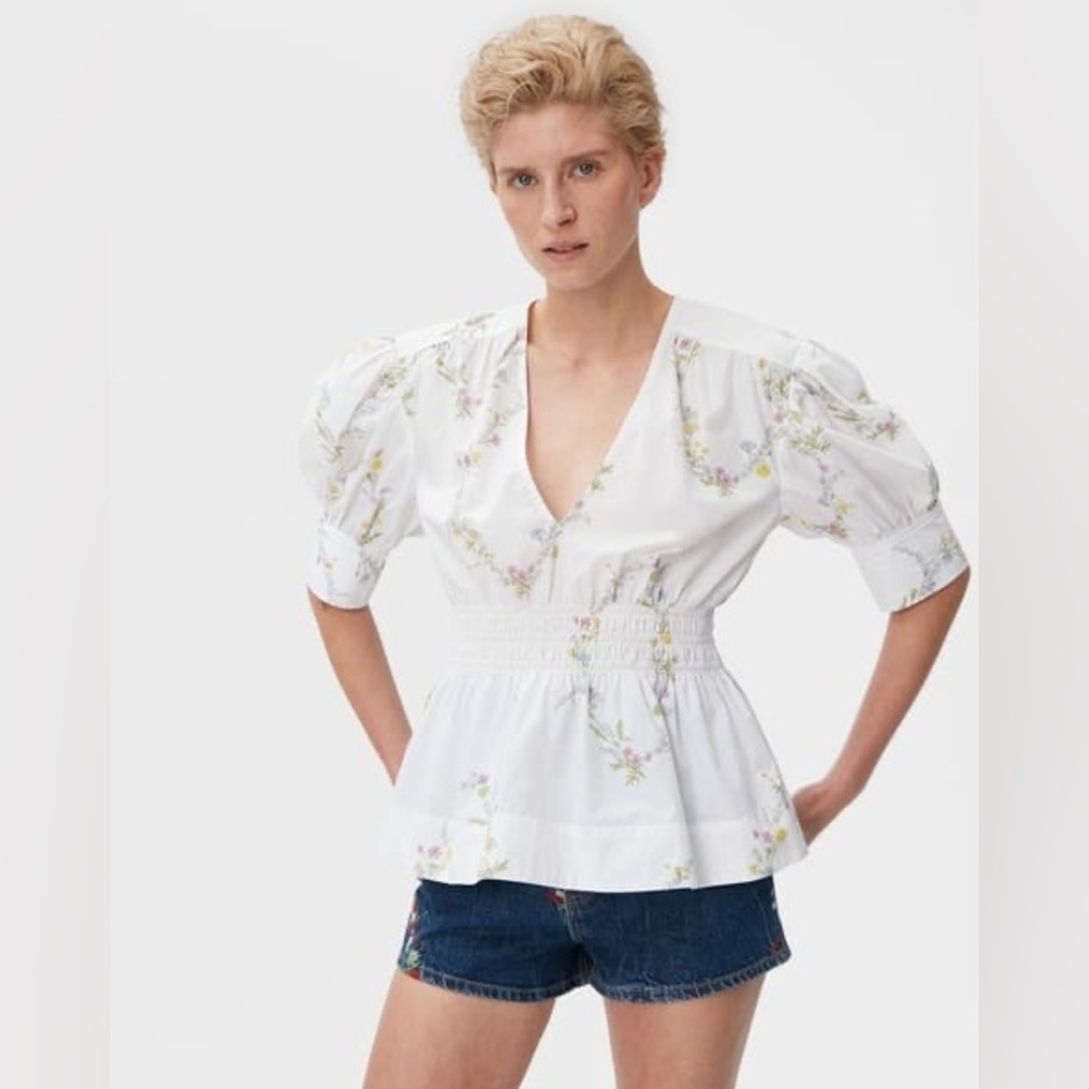 Ganni Printed Cotton V-neck Smock Blouse Floral 34